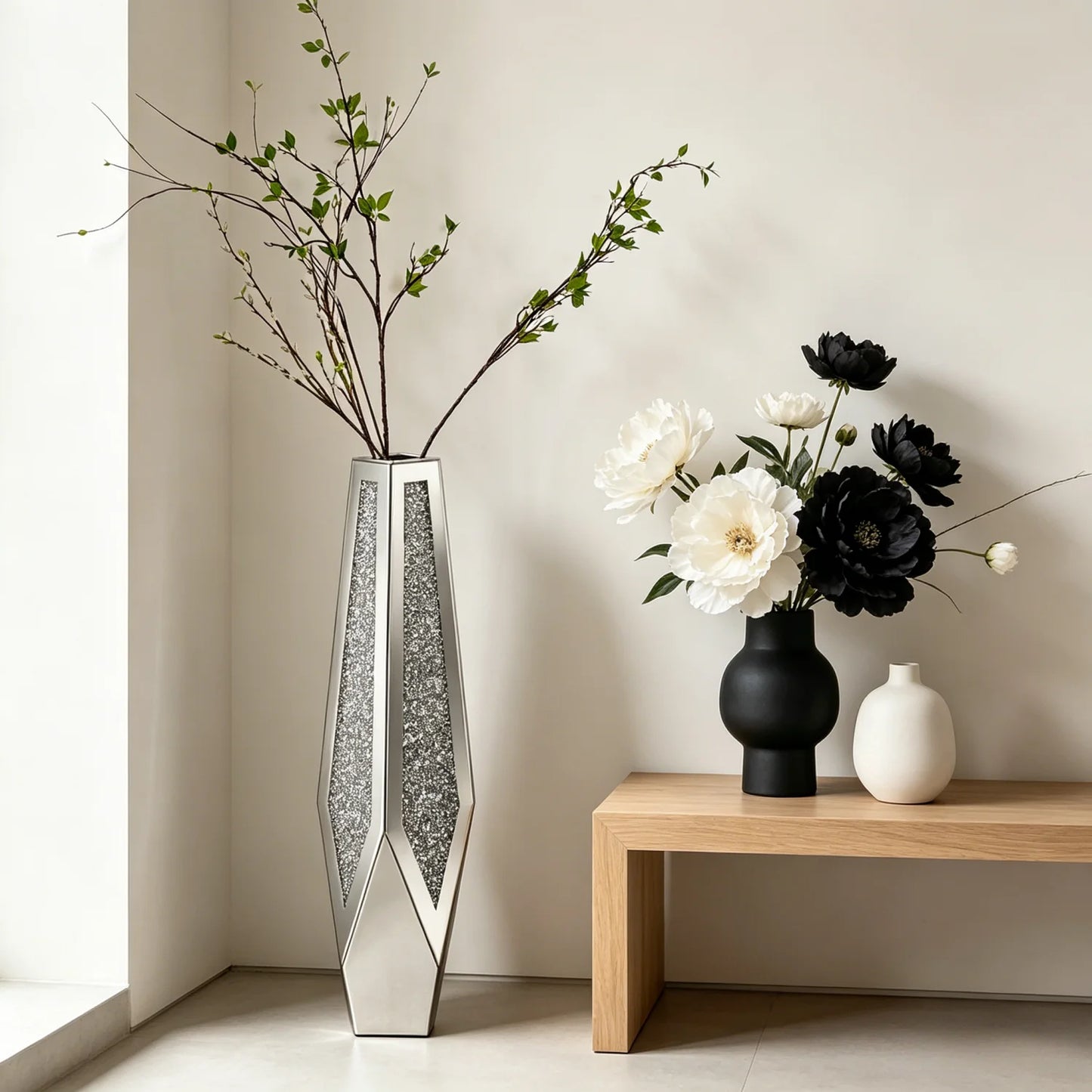 Mirrored Floor Vase Crushed Diamond Glass Decor Living Room