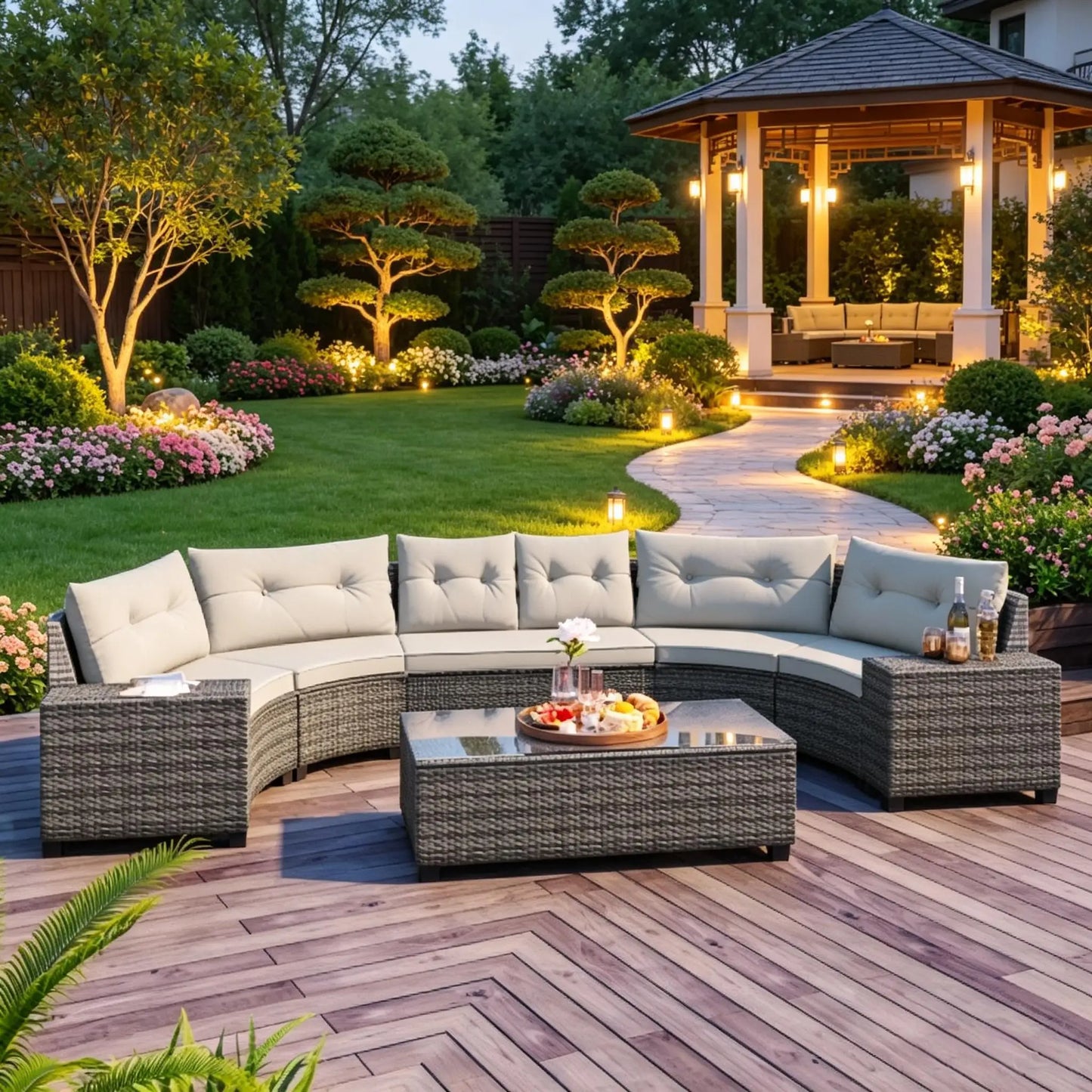 Outdoor 8-Piece Wicker Half Moon Sectional Coffee Table