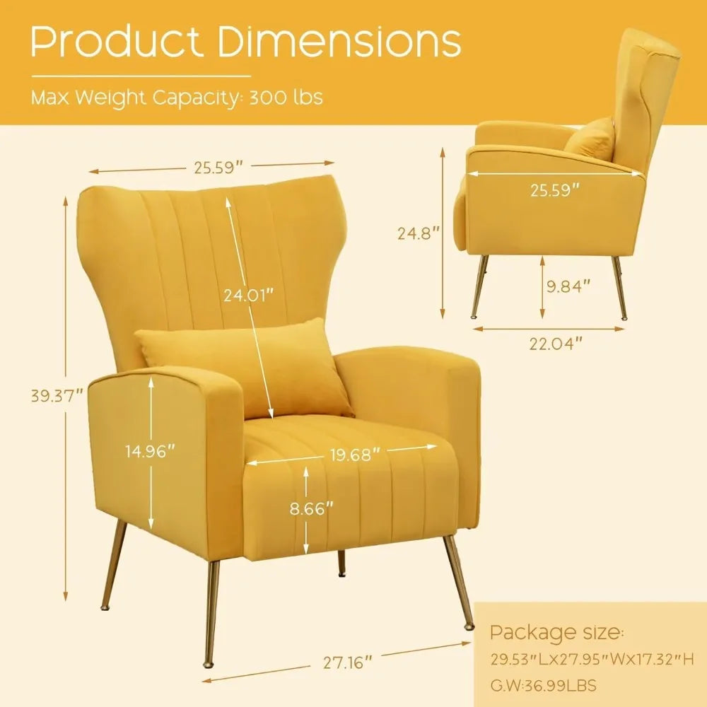 Byellow Velvet Wingback Chairs Set For Living Room