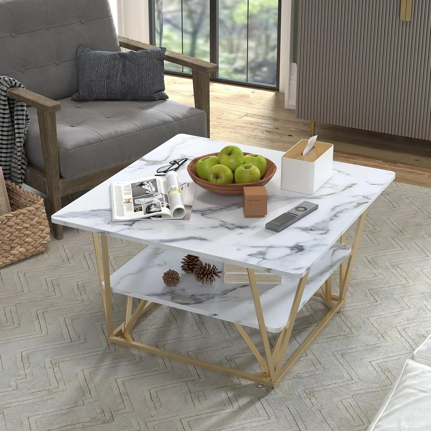 MERRONIX Square Coffee Table Modern Two-Tier Frame