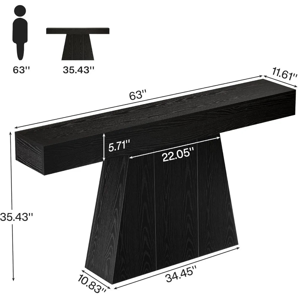 63 Inch Black Farmhouse Console Table with Trapezoidal Base for Entryway