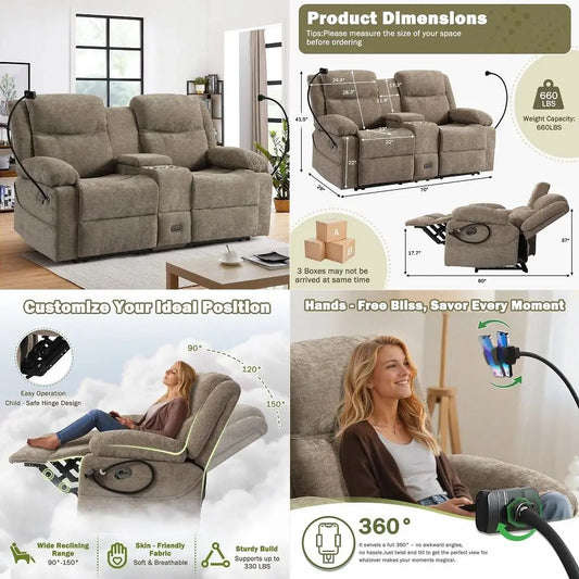 Reclining Loveseat Sofa With 360 Degree Phone Holder USB