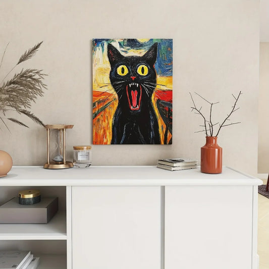 Vibrant Black Cat Wall Art With Thick Pine Frame Perfect For Interior Decor