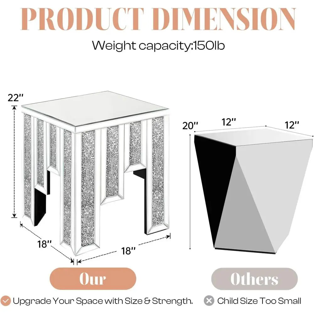 Crushed Diamond Mirrored Side Table With Crystal Inlay