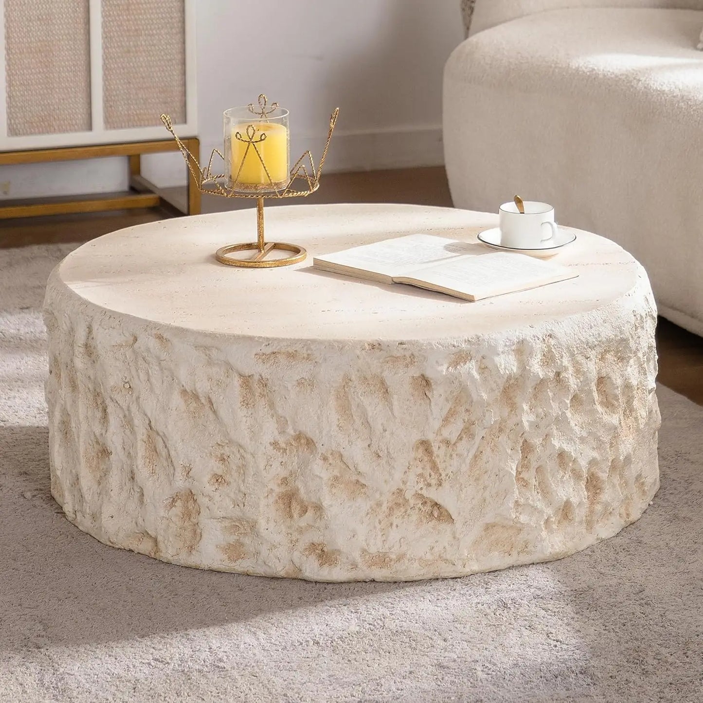 Mid Century Round Coffee Table With Faux Stone Design