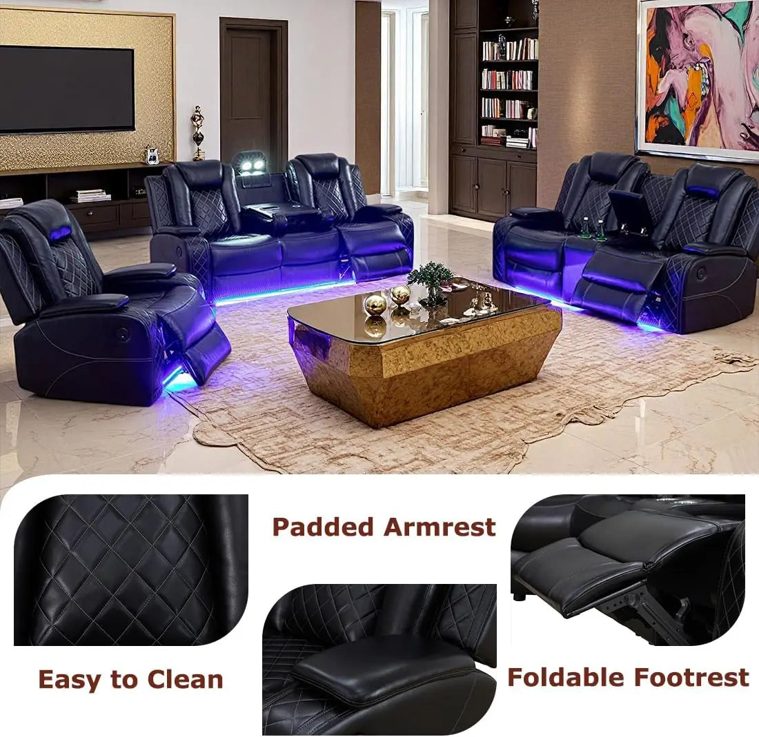 XMSJ Power Recliner Sofa Set Modern Leather Sectional LED
