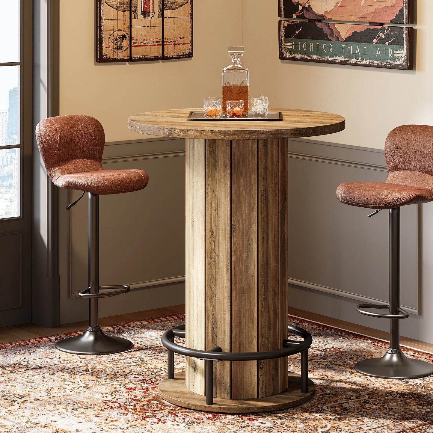 Tribesigns Round Bar Table With Metal Ring Footrest