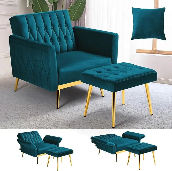 Velvet Accent Chair with Adjustable Armrests Tufted Back and Ottoman