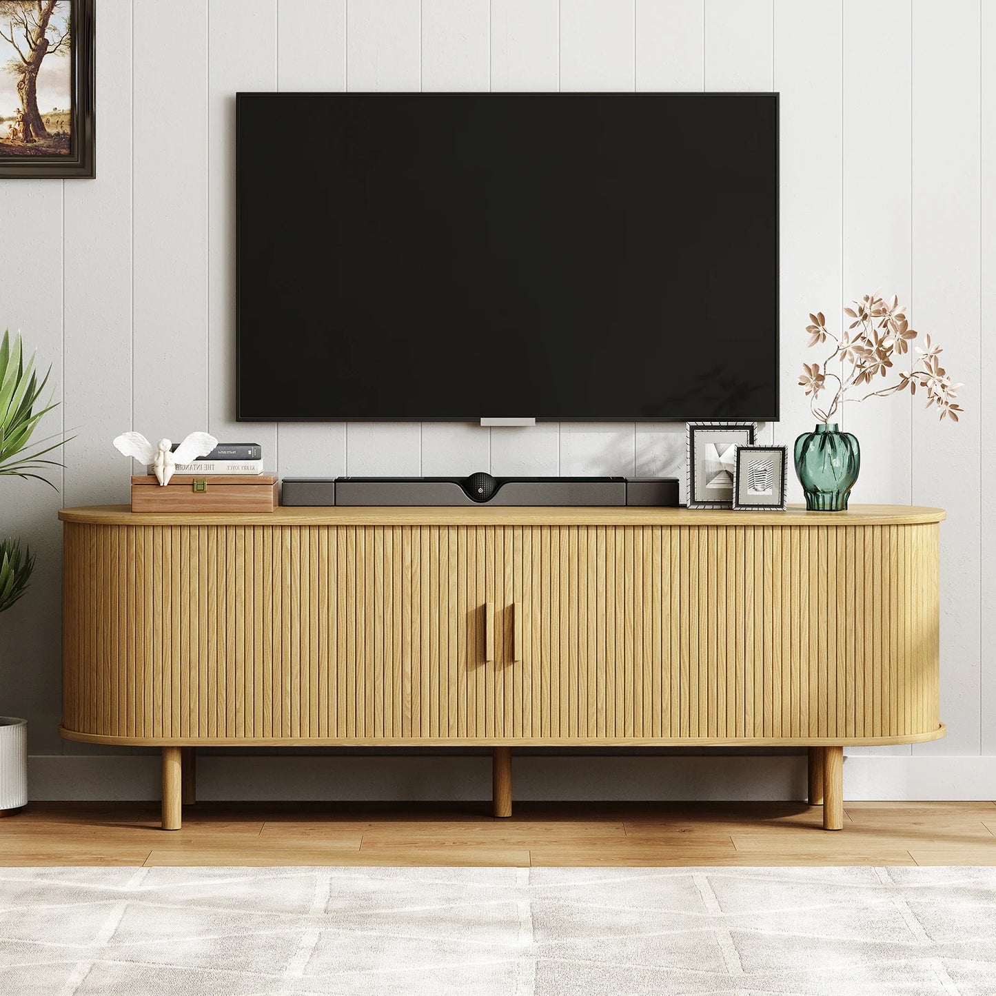 Onbrill TV Stand With Power Outlet And Sliding Doors
