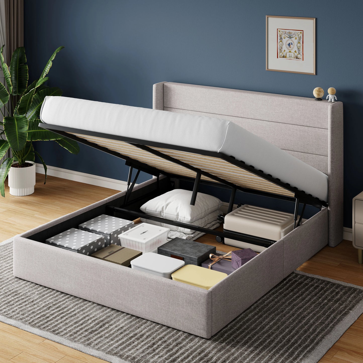 Allewie Hydraulic Lift Up Storage Bed With Wingback Headboard