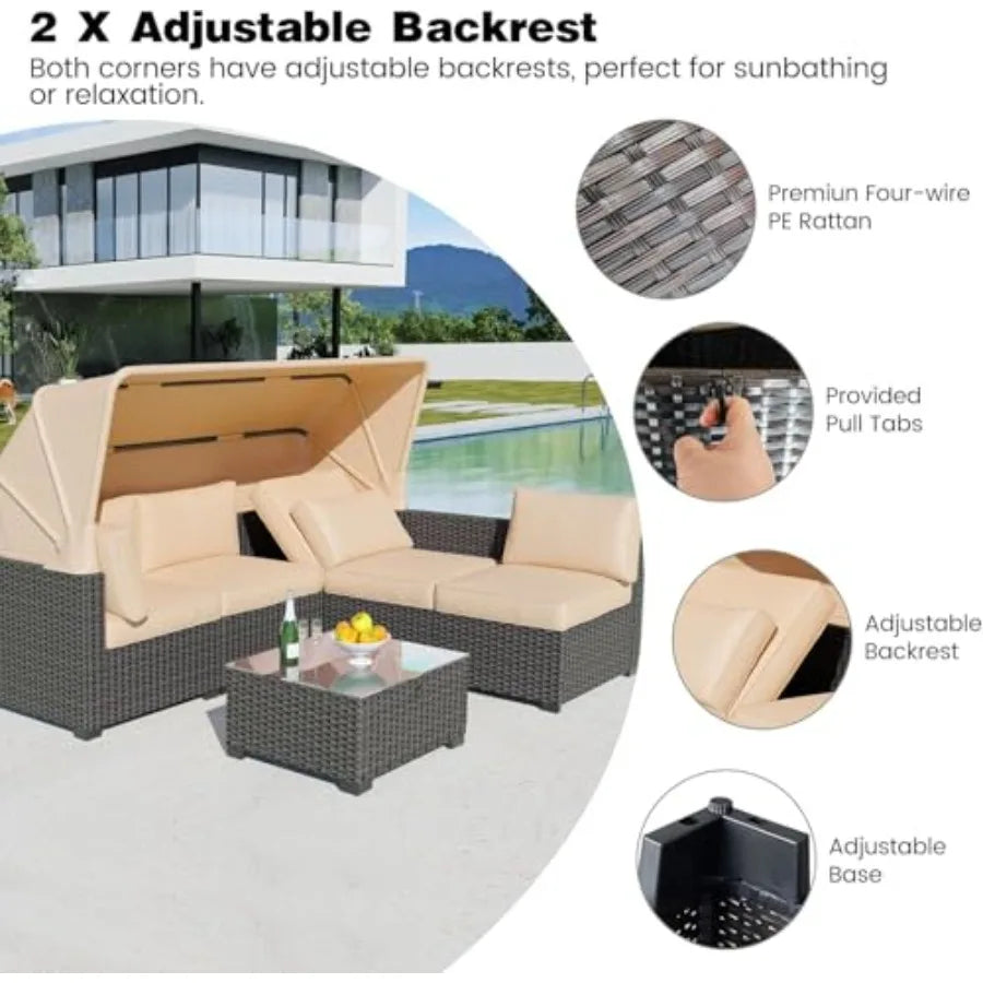 OLOEY Patio Furniture Set Wicker Sofa With Retractable Canopy And Storage Table