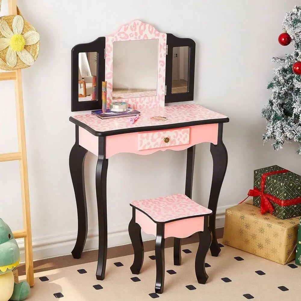 Pretend Play Vanity Table and Chair Set with Tri-Folding Mirror and Storage