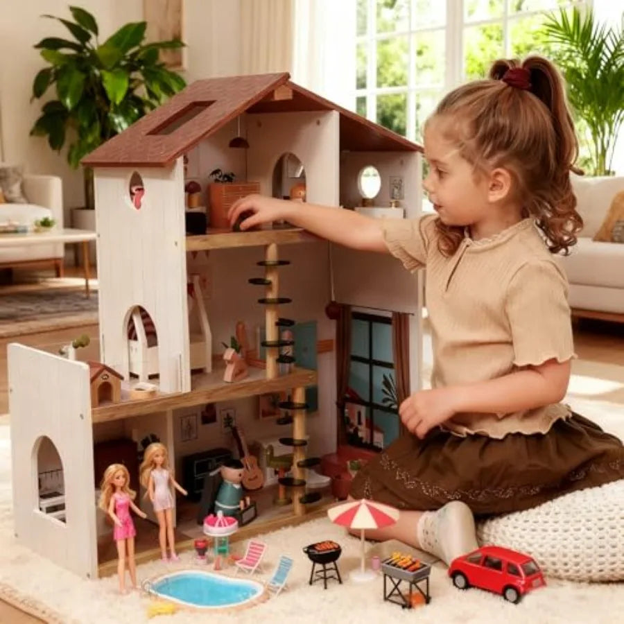 OLOEY Wooden Doll House With 53 Pcs Furniture Six Rooms Spiral Staircase Balcony