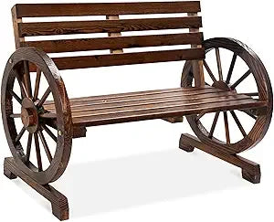Two Person Wooden Wagon Wheel Bench for Outdoors Garden