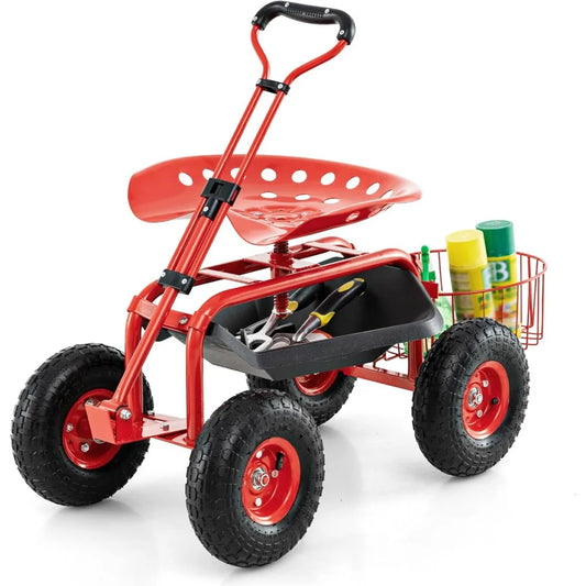 Adjustable Rolling Garden Cart With Seat Tool Tray Basket