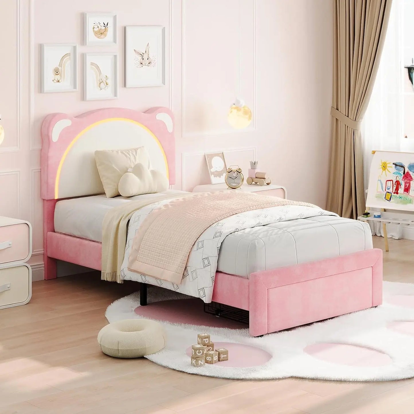 Twin LED Bed Frame With Storage And Bear Headboard