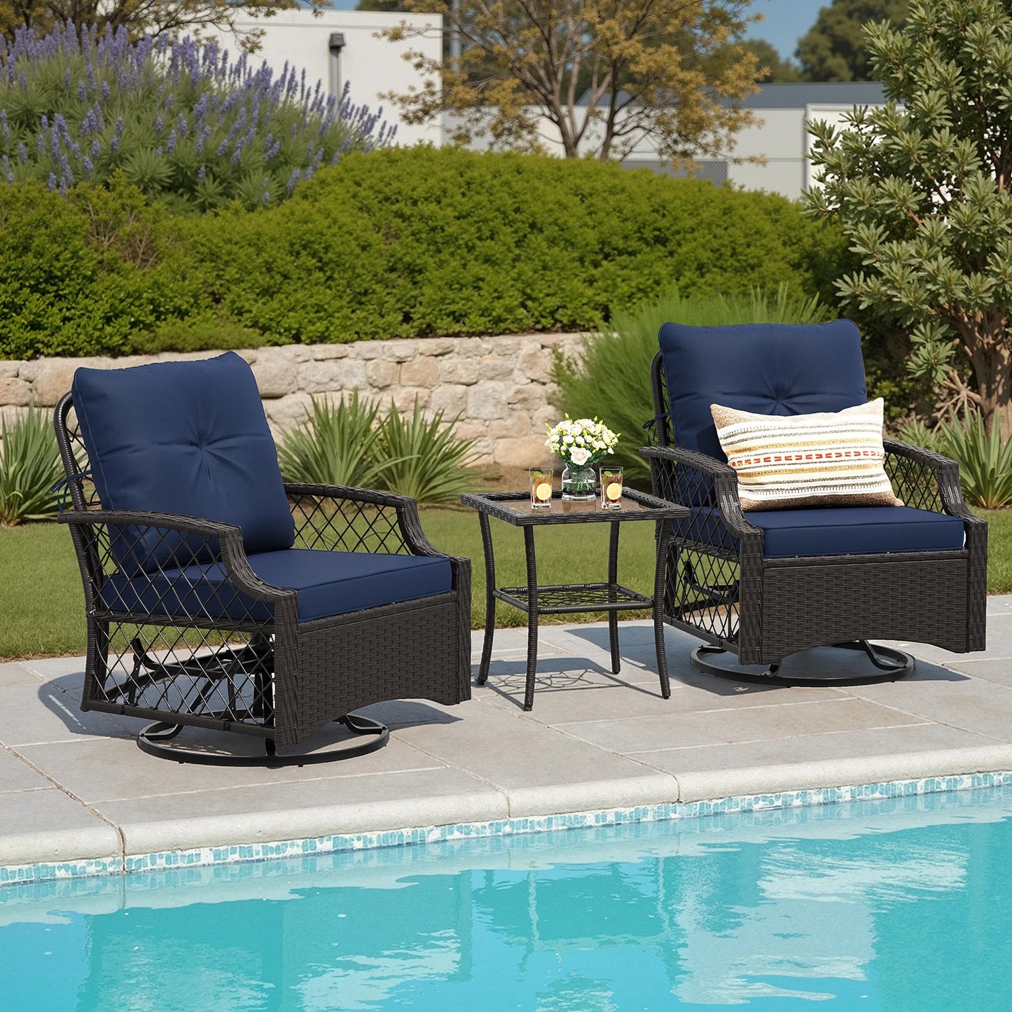 3 Piece Swivel Patio Bistro Set Outdoor Wicker Chairs