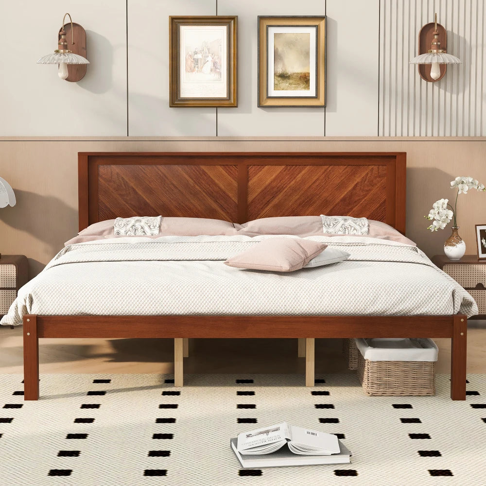 Solid Wood Platform Bed With Herringbone Headboard And Storage