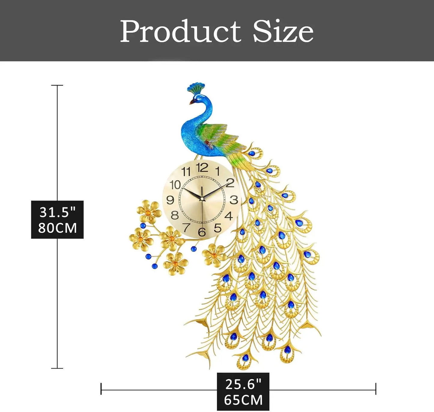 Peacock Wall Clock Silent Metal Art Decor Modern Home