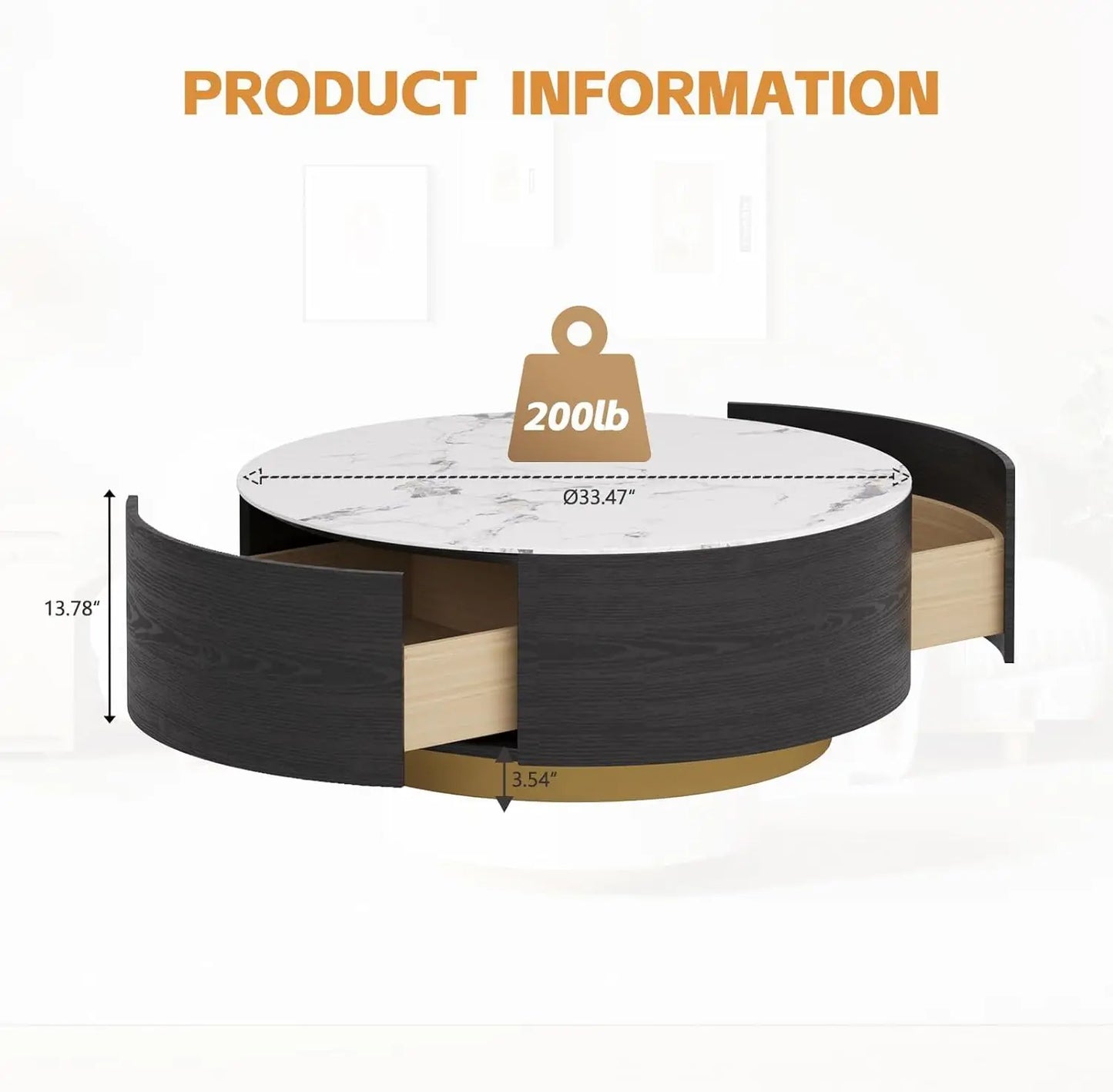 Modern Round Marble Coffee Table with Drawers and Sintered Stone Top