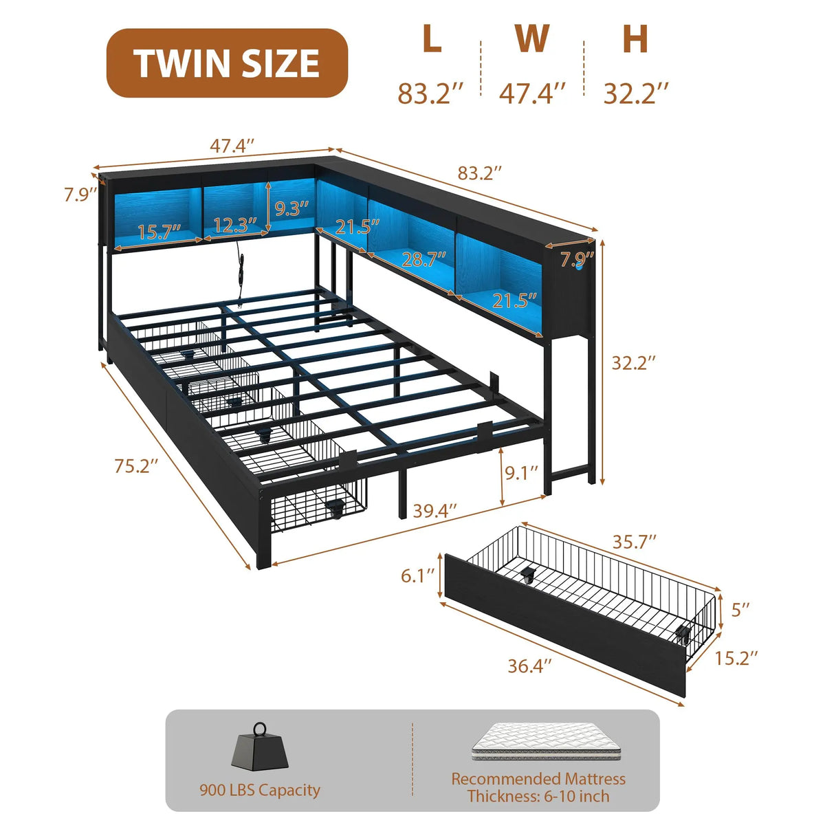 HiMISS Corner Bed Frame Bookcase Headboard And LED Lights