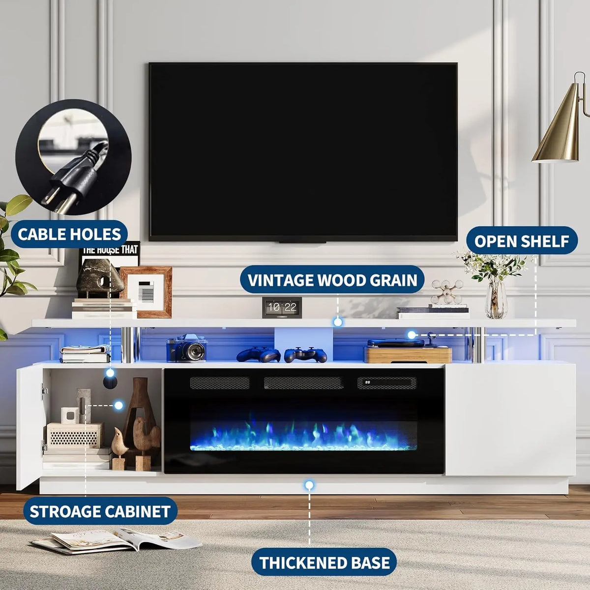 Adoolla Fireplace TV Stand With Electric Heater LED Lights And Storage