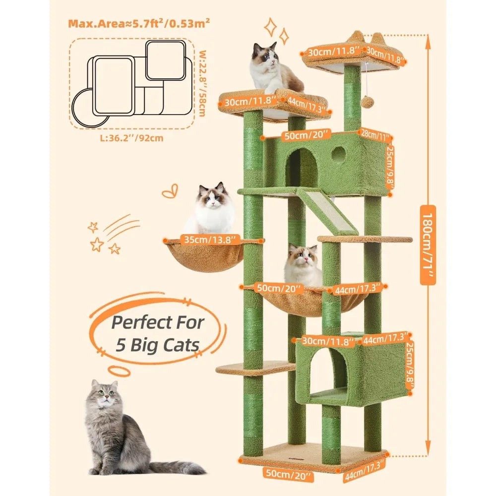 Taoqimiao 71 Inch Multi Level Cactus Cat Tree for Large Indoor Cats