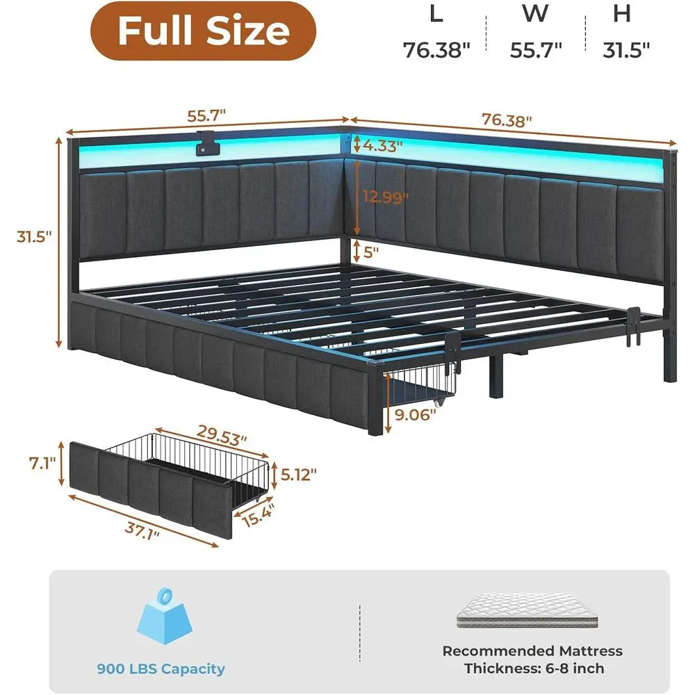 Bed With Storage Drawers And LED Lights Platform Bed