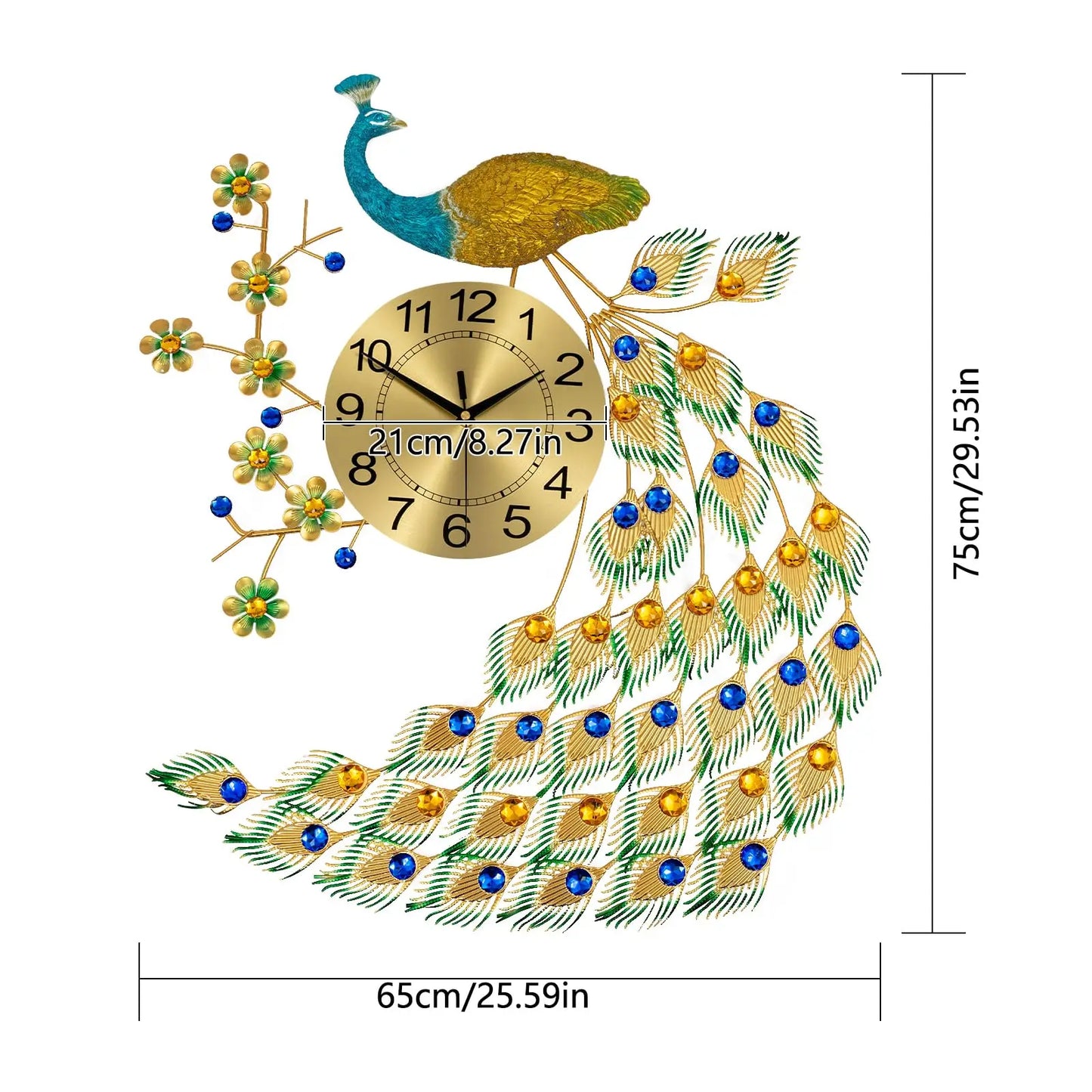 Peacock Wall Clock Luxury 3D Design Silent Non Ticking