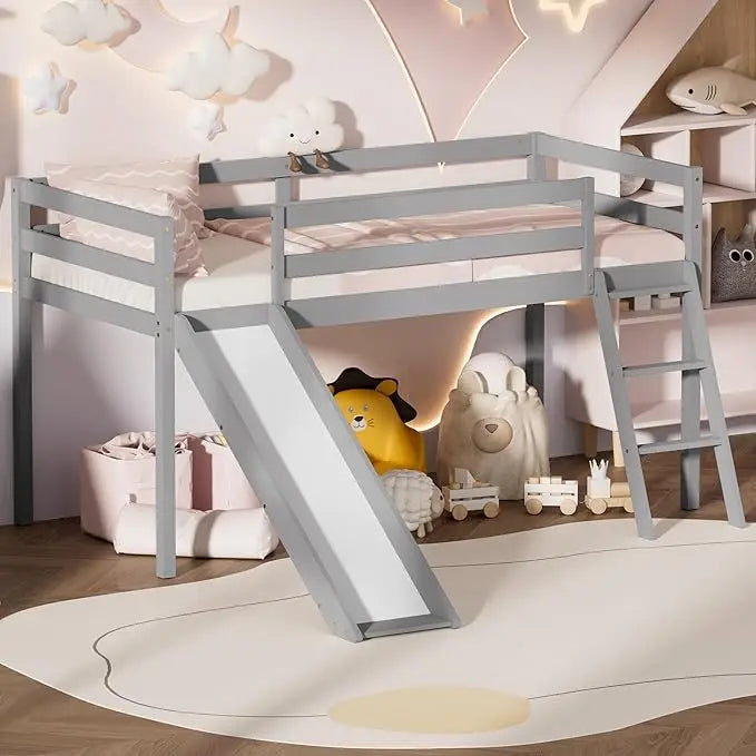Color Wood Twin Loft Bed With Slide Ladder And Under Storage