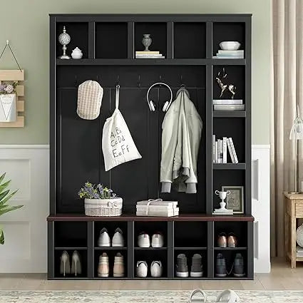 58.8 Inch Wide Hall Tree with Bench Coat Rack Hooks Drawers and Adjustable Shelves