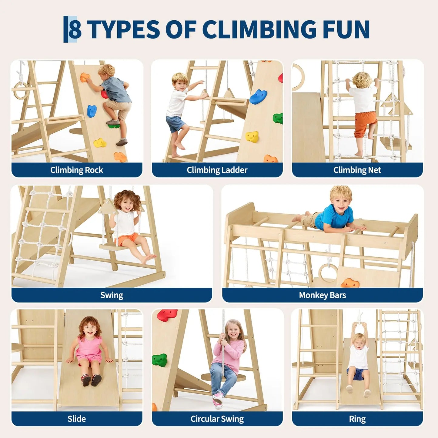 HiMISS 8 In 1 Montessori Wooden Indoor Jungle Gymnasium