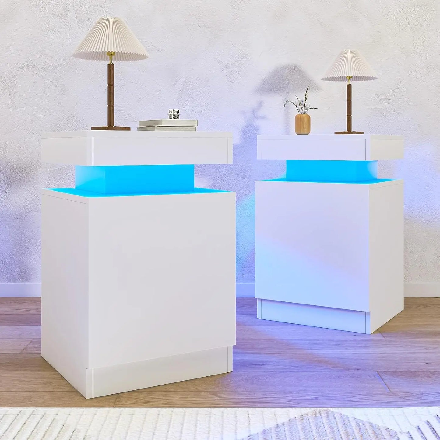 Nightstand Set Of 2 With LED Storage Cabinet Bedroom