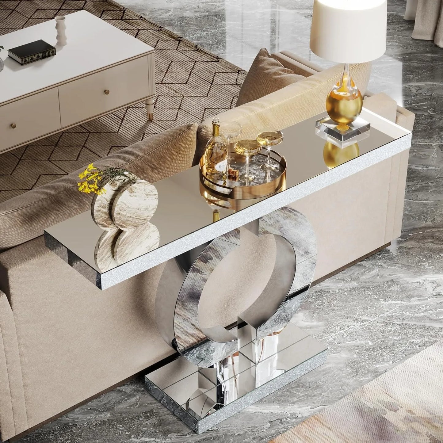 Modern Mirrored Console Table with O-Shaped Base for Entryway or Living Room