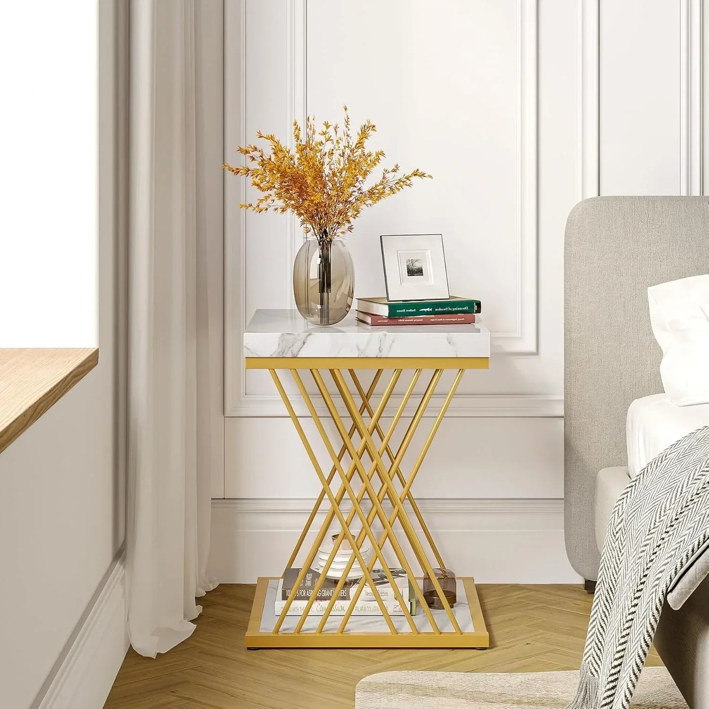 Modern White Gold Square End Table with Storage 2-Tier Faux Marble Design