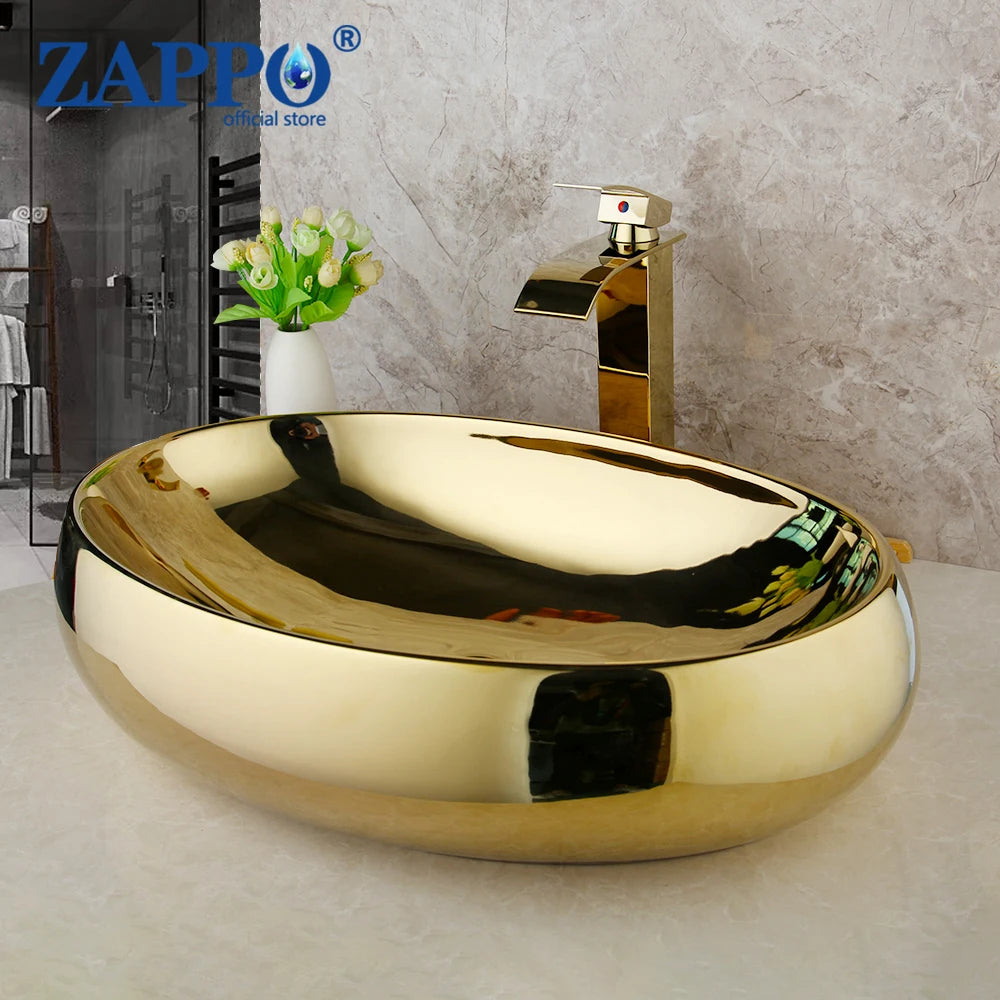 KEMAIDI Ceramic Oval Vessel Sink With Waterfall Faucet