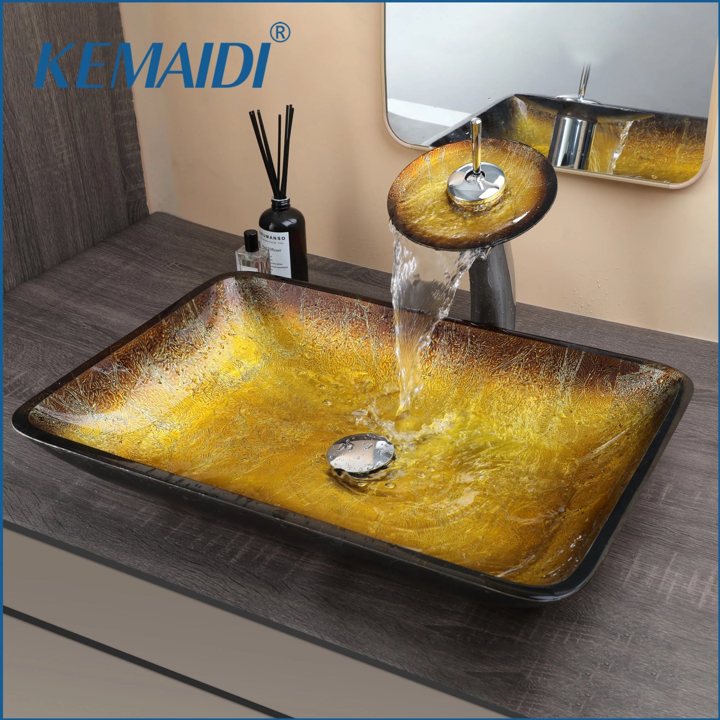 MEKKHALA Bathroom Vessel Sink Glass With Waterfall Faucet Mixer