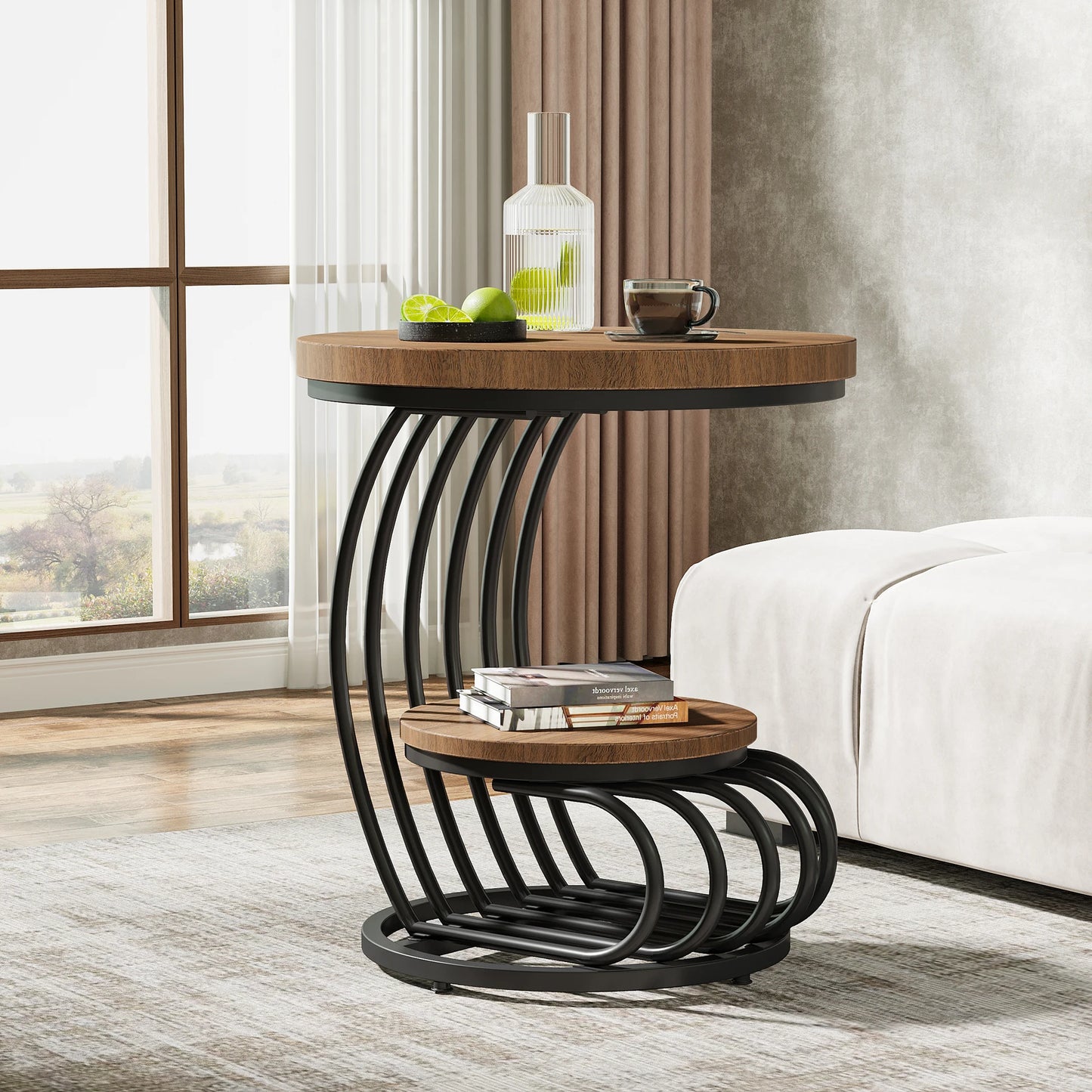 Tribesigns Gold Round End Table with Faux Marble and Storage Shelf