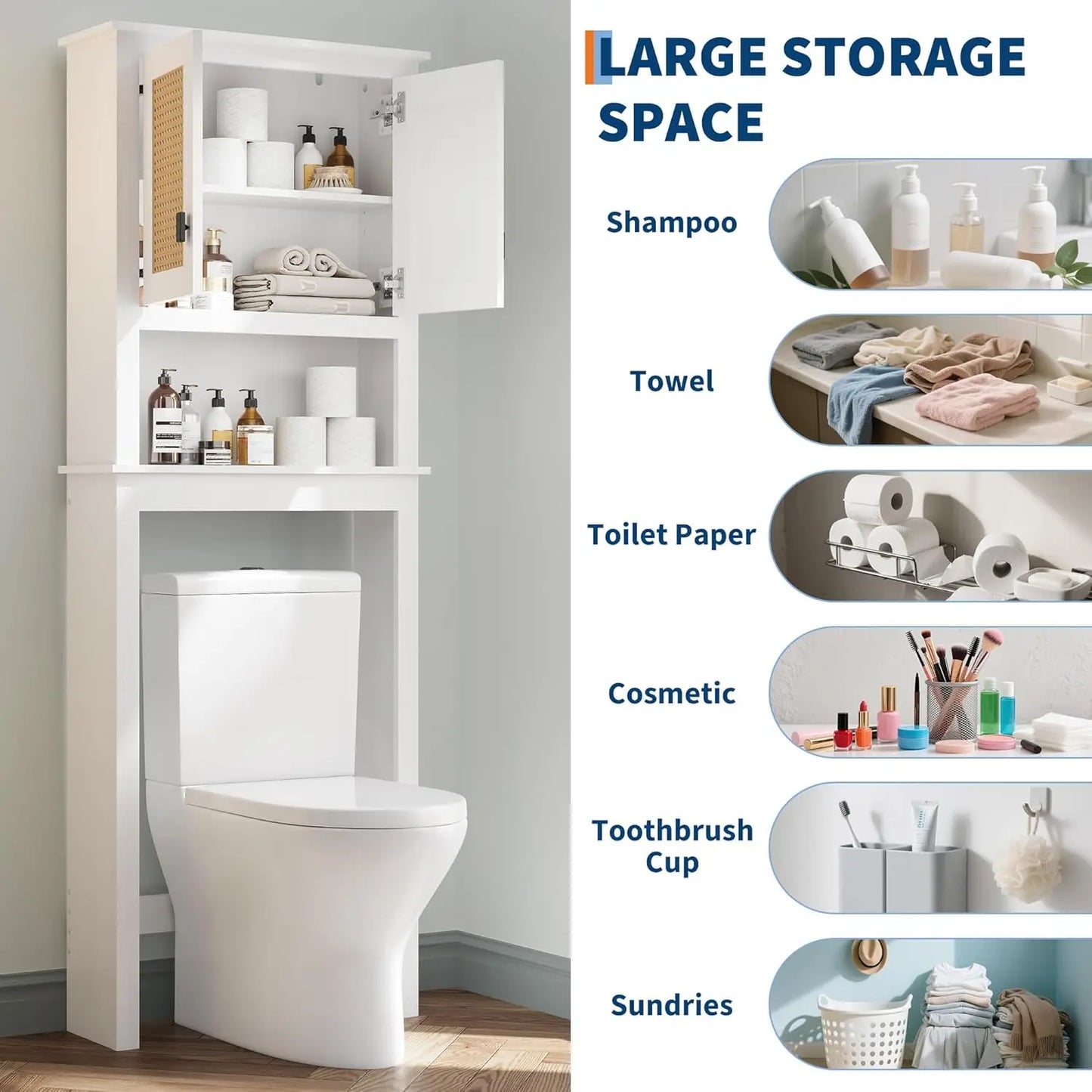 Farmhouse Over Toilet Storage Cabinet With Rattan Doors And Adjustable Shelf