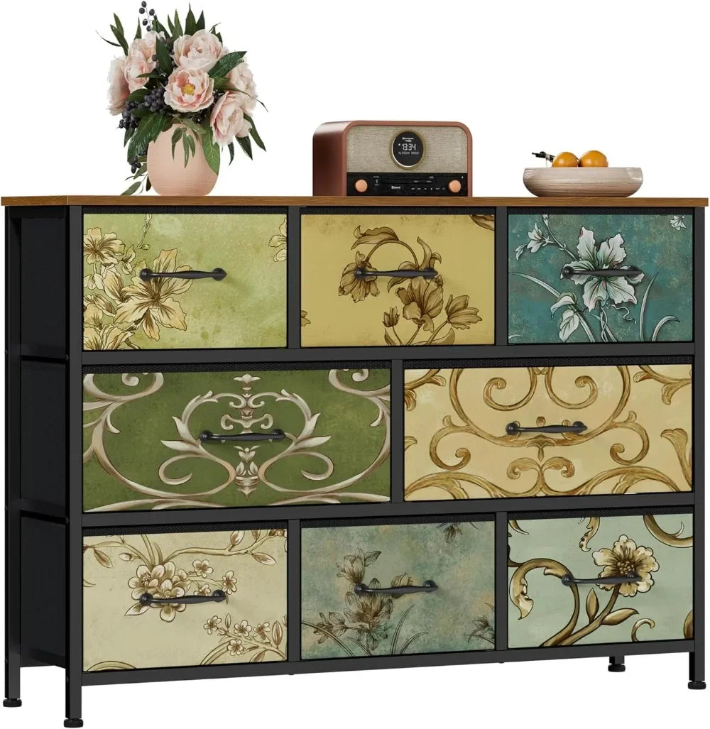 Vintage 8 Drawer Fabric Dresser Chest for Bedroom Living Room and Nursery