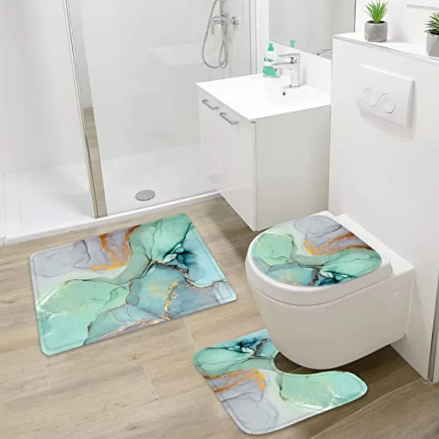 Shower Curtain Ensemble With Toilet Lid Cover Bath Mat