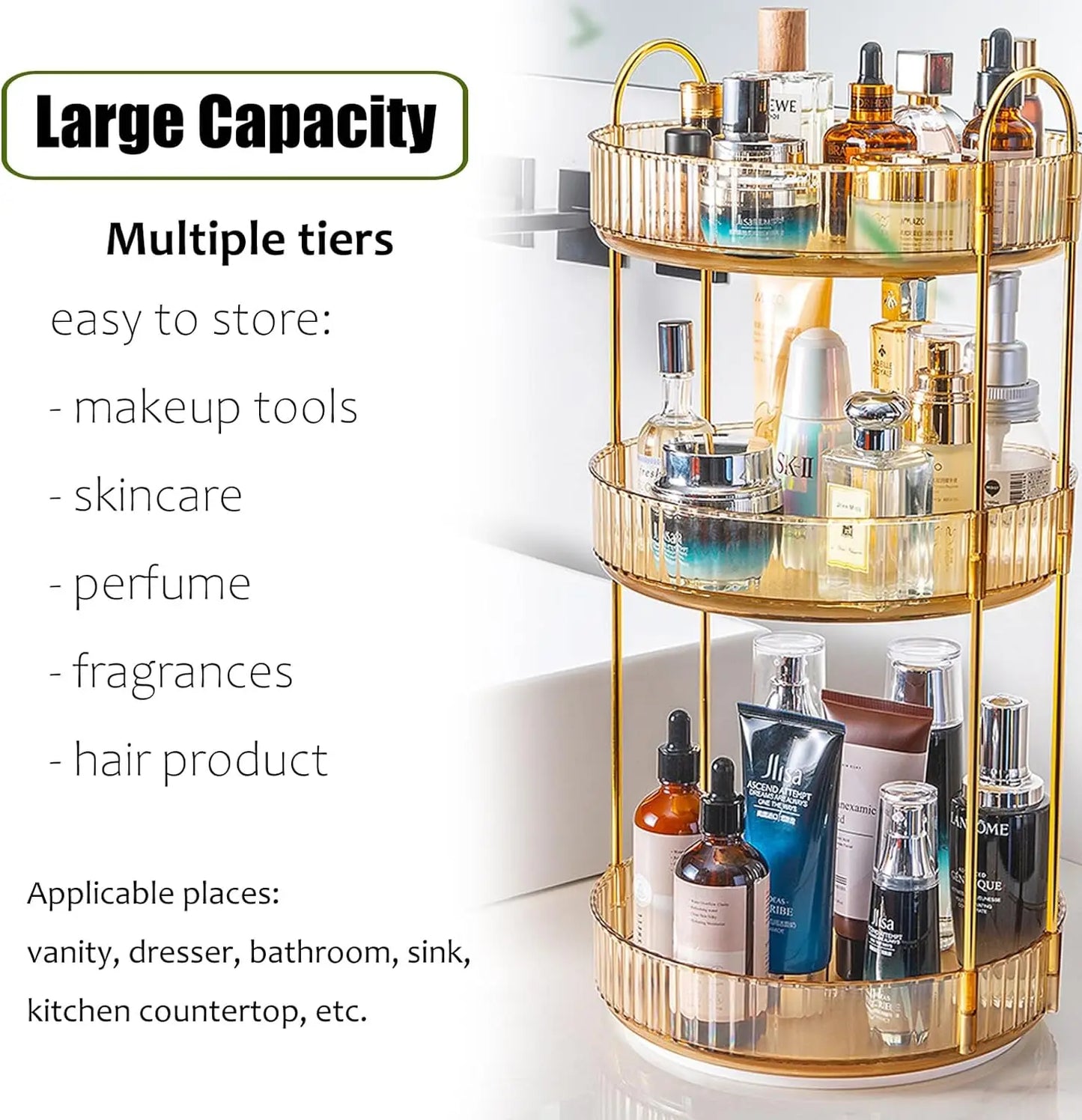Rotating Makeup Organizer 3 Tier Vanity Storage For Skincare