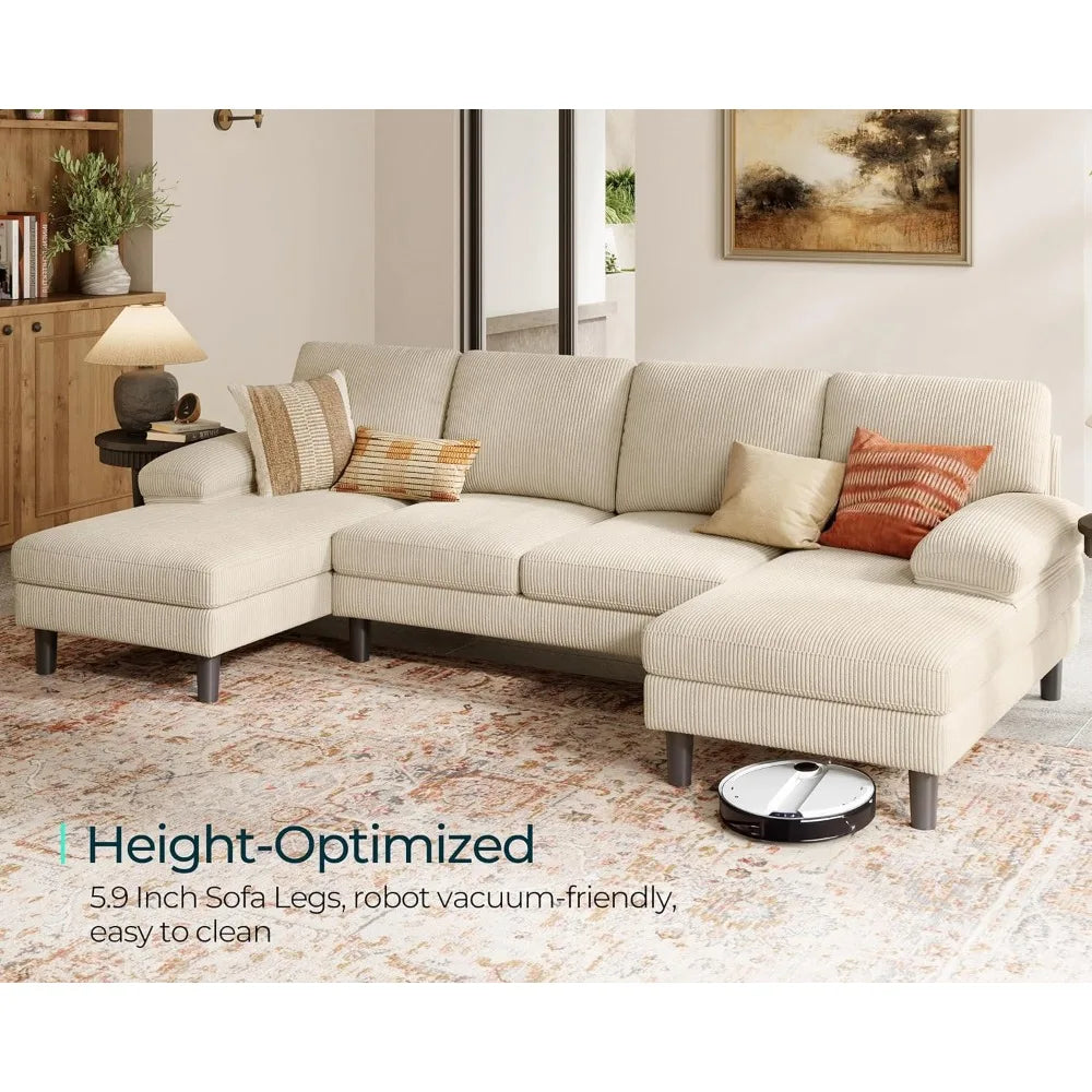 Corduroy U Shaped Sectional Sofa With Sleepable Armrests
