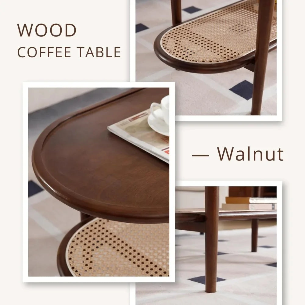 Modern Walnut Rattan Coffee Table with Storage Shelf for Living Room