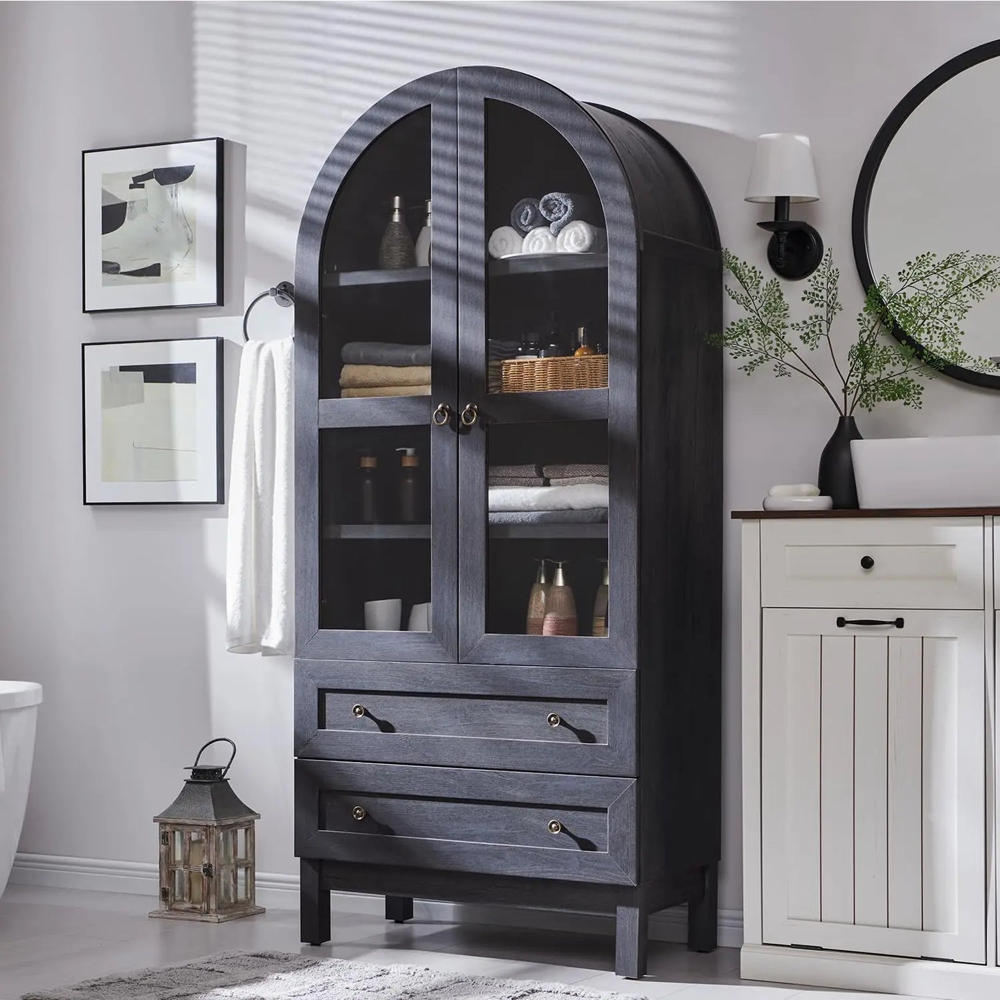 Arched Bathroom Storage Cabinet With 4-Tier Shelves And Drawers