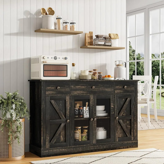RBXC Coffee Bar Sideboard Cabinet 4 Glass Doors Drawers