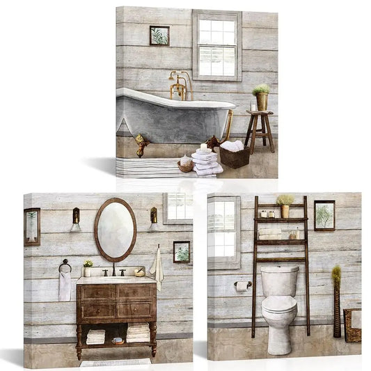 Farmhouse Framed Canvas Wall Art Set For Bathroom Decor