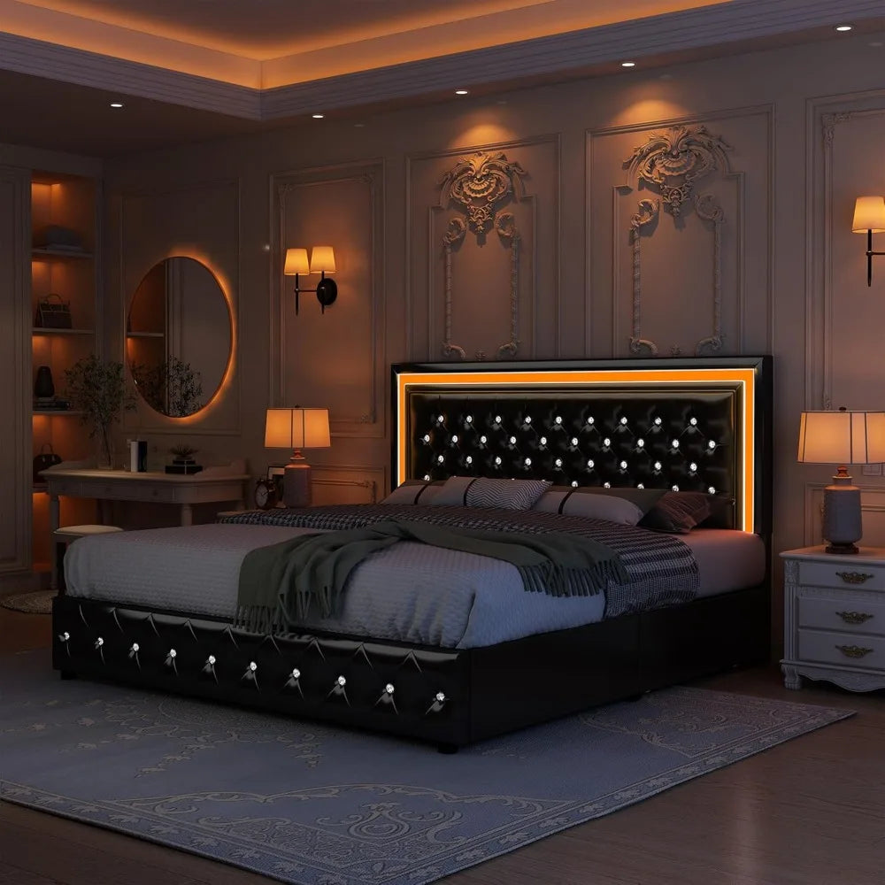 Bed Frame With LED Lighting And Stowaway Storage Drawers