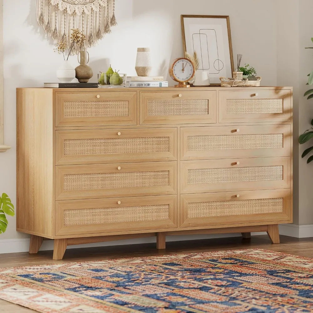 Rattan Dresser with 9 Drawers Natural Finish Modern Wooden Tall Cabinet