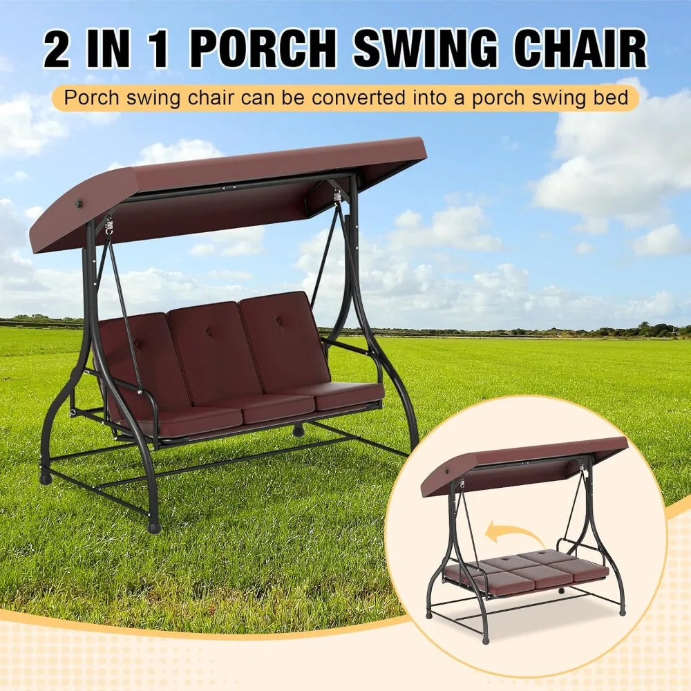 3 In 1 Porch Swing With Canopy Cushions Heavy Duty Stand